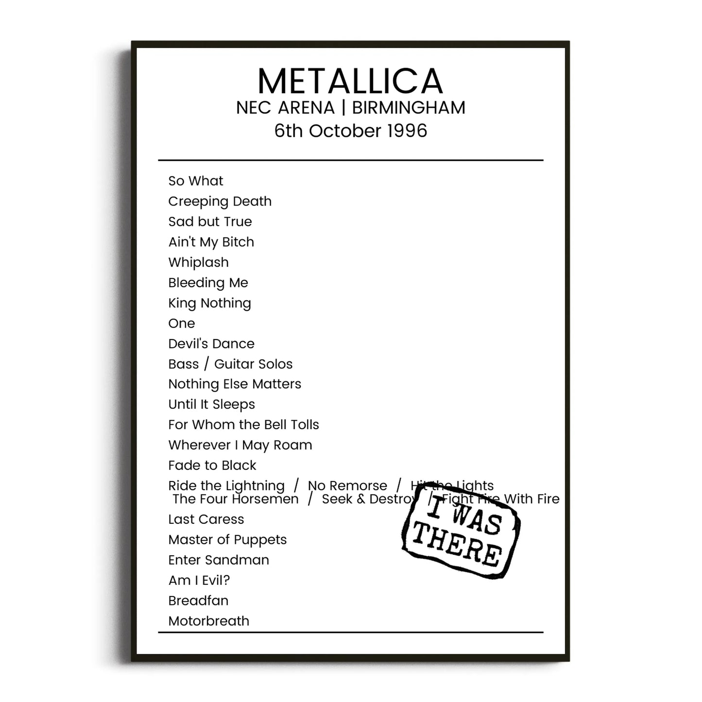 Metallica Birmingham 06 October 1996 Setlist Poster