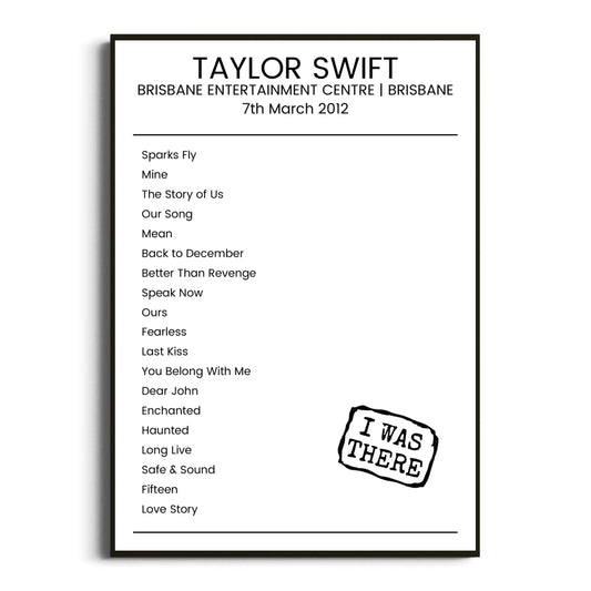 Taylor Swift Brisbane 07 March 2012 Setlist Poster