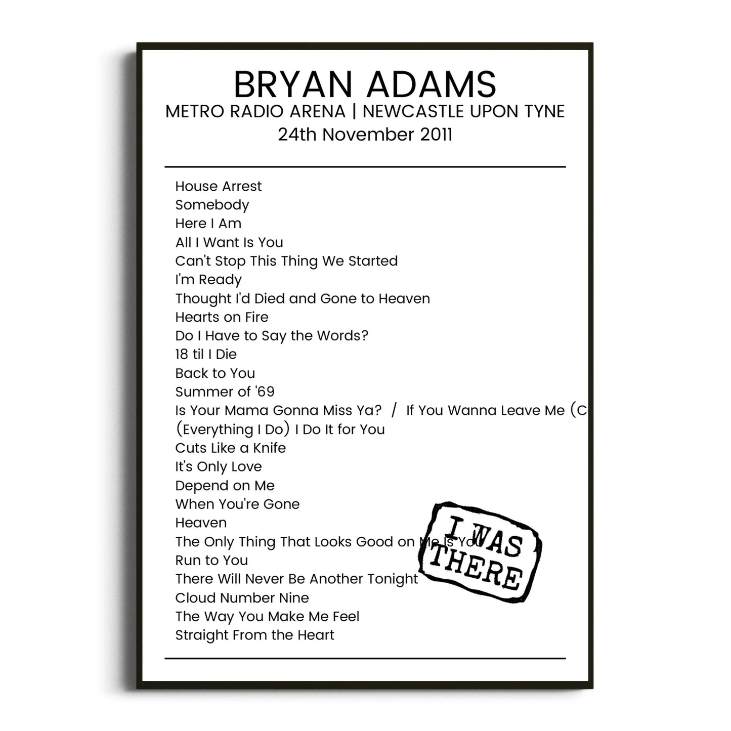 Bryan Adams Newcastle upon Tyne 24 November 2011 Setlist Poster