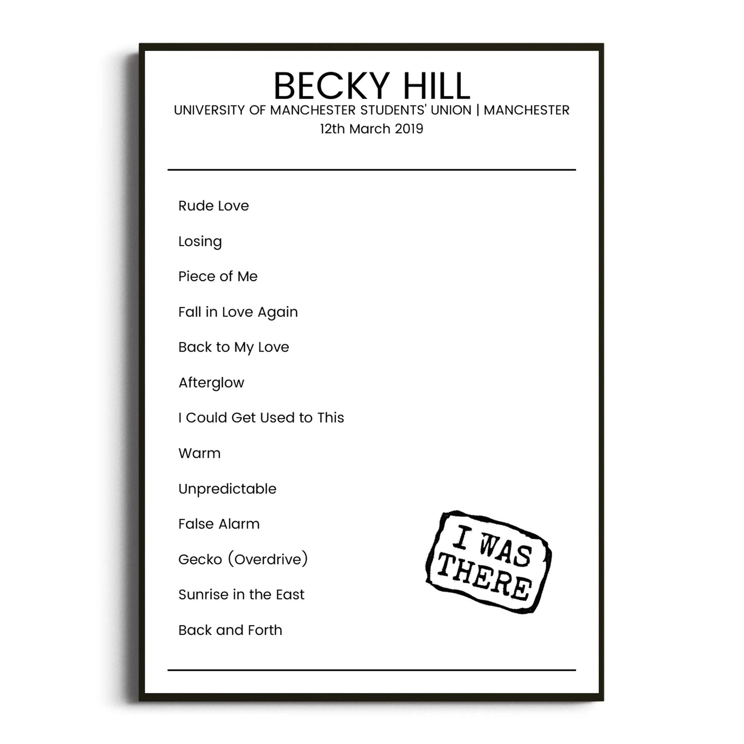 Becky Hill Manchester 12 March 2019 Setlist Poster