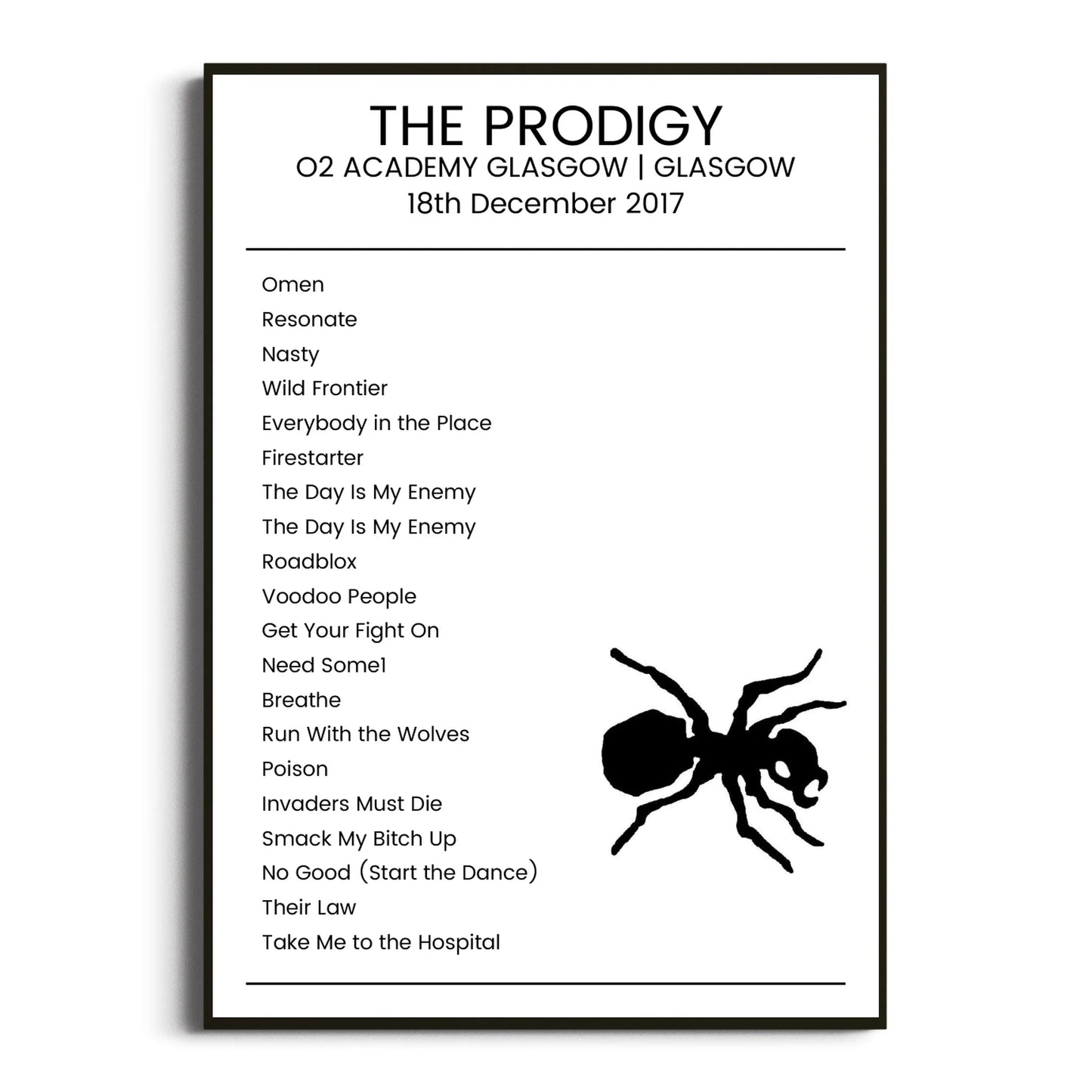 The Prodigy Glasgow 18 December 2017 Setlist Poster