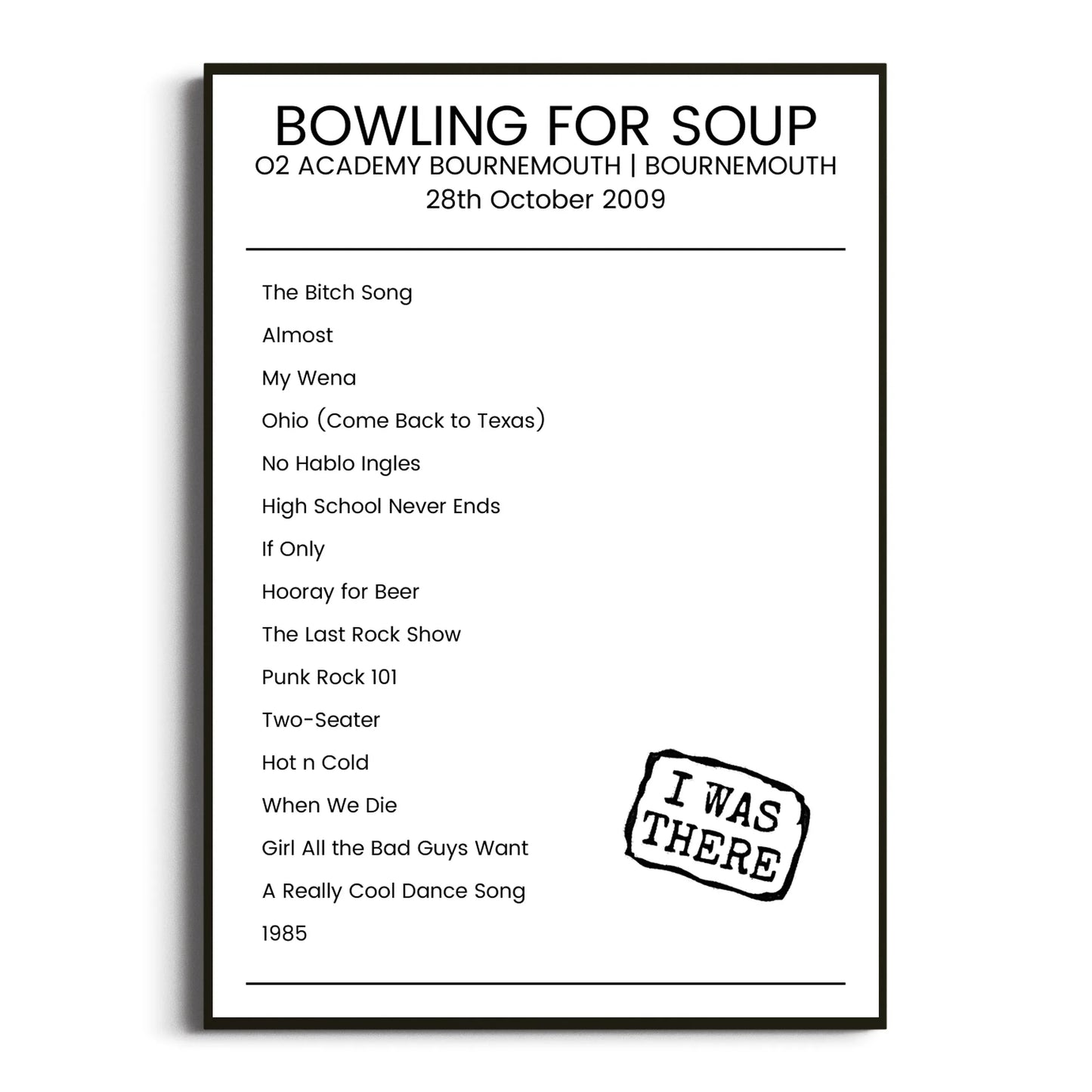 Bowling for Soup Bournemouth 28 October 2009 Setlist Poster