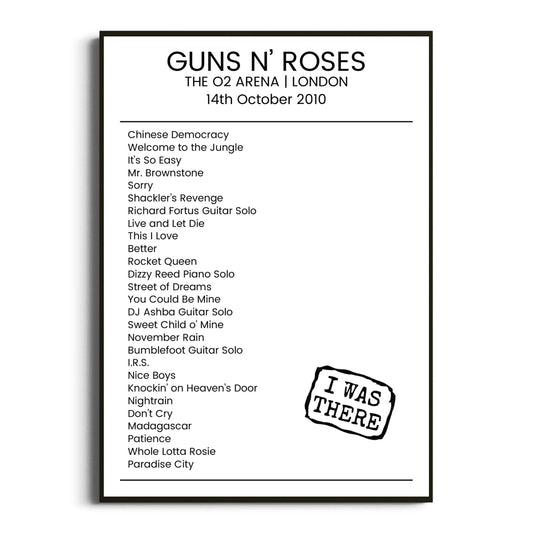 Guns N’ Roses London 14 October 2010 Setlist Poster