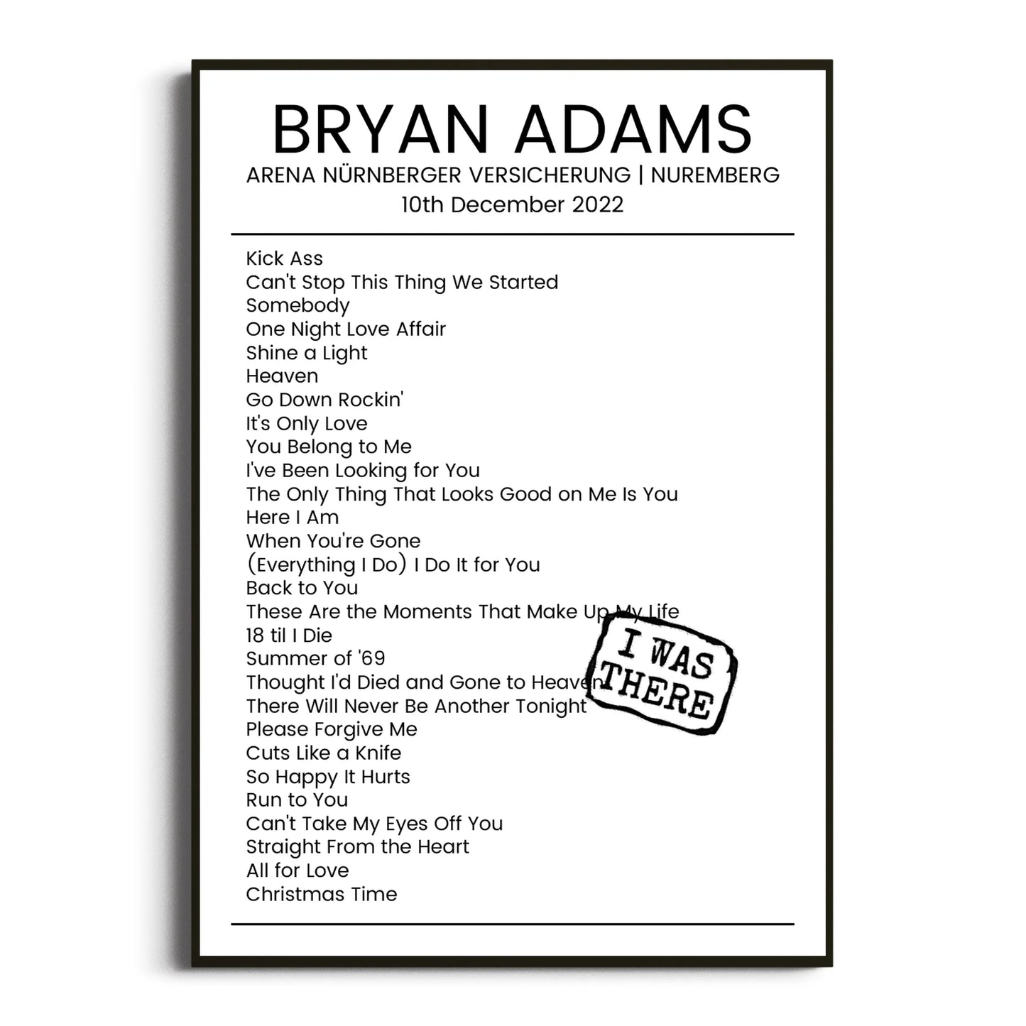 Bryan Adams Nuremberg 10 December 2022 Setlist Poster