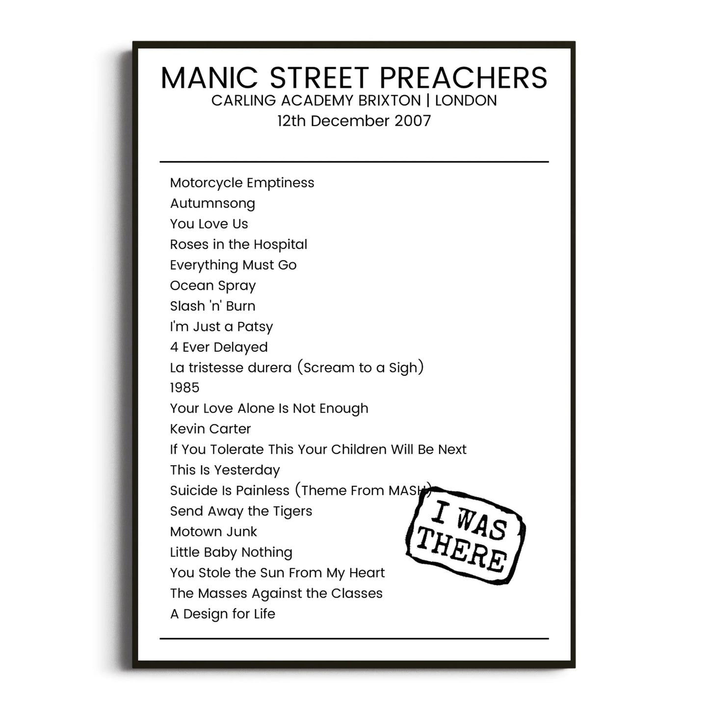 Manic Street Preachers London 12 December 2007 Setlist Poster