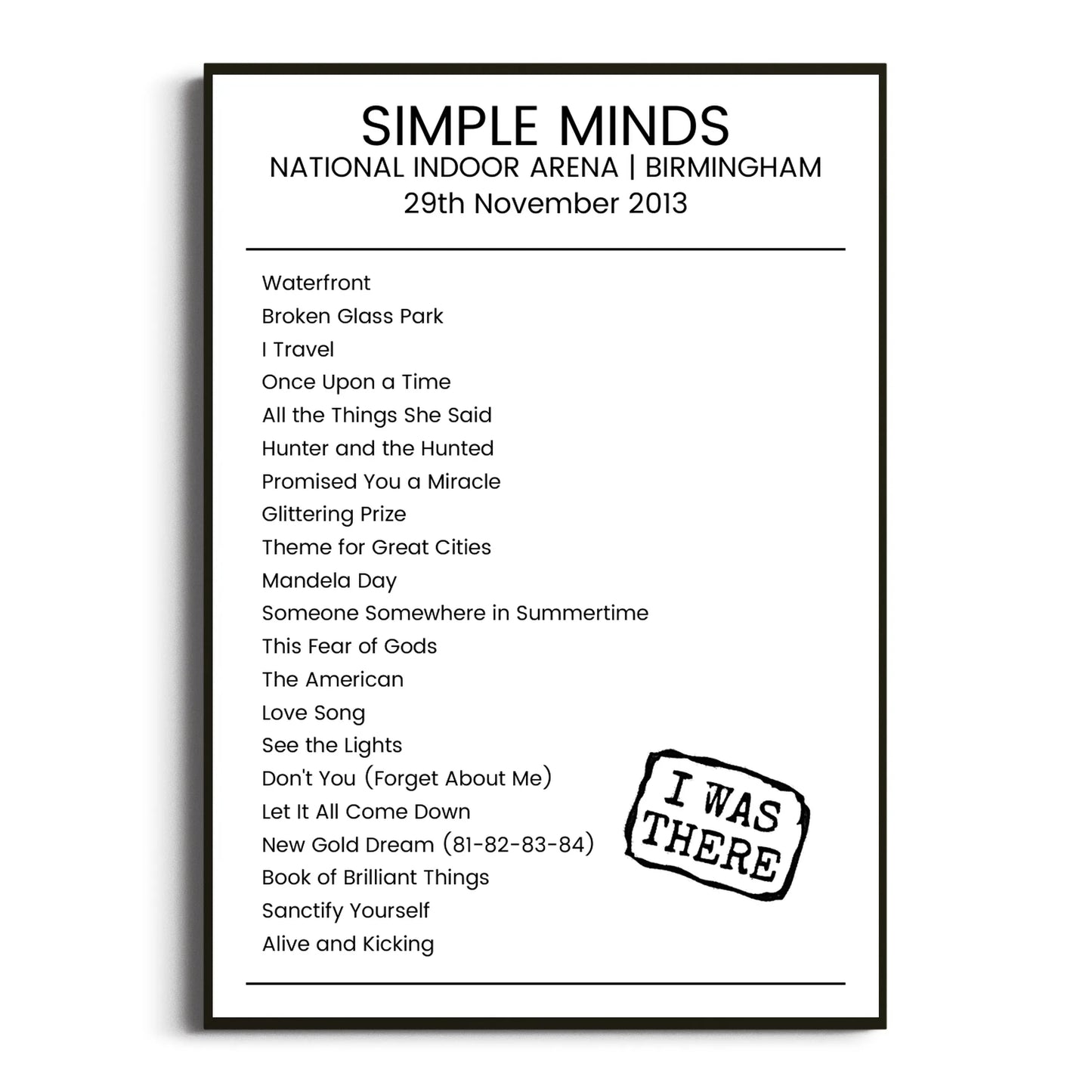 Simple Minds Birmingham 29 November 2013 Setlist Poster