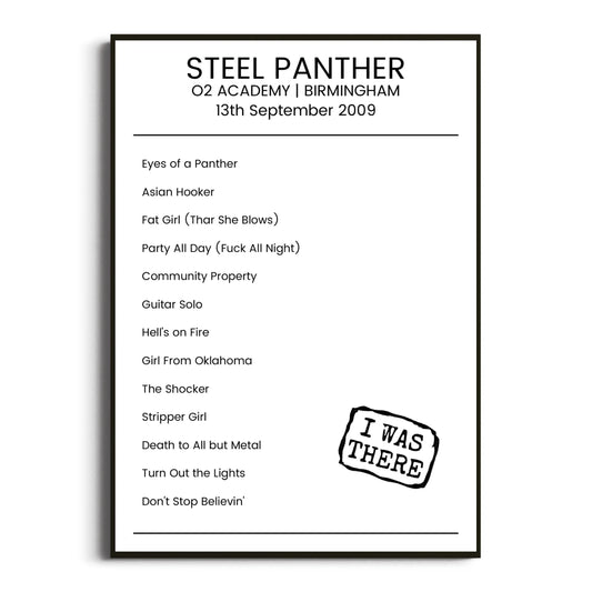 Steel Panther Birmingham 13 September 2009 Setlist Poster