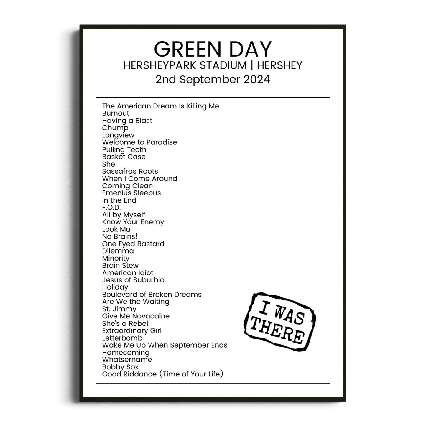 Green Day Hershey 02 September 2024 Setlist Poster