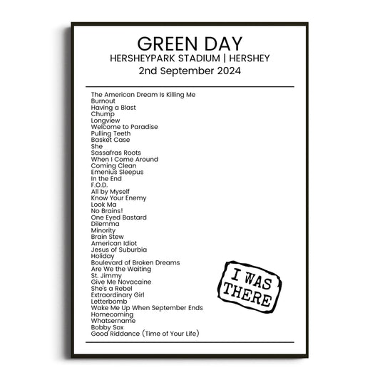 Green Day Hershey 02 September 2024 Setlist Poster