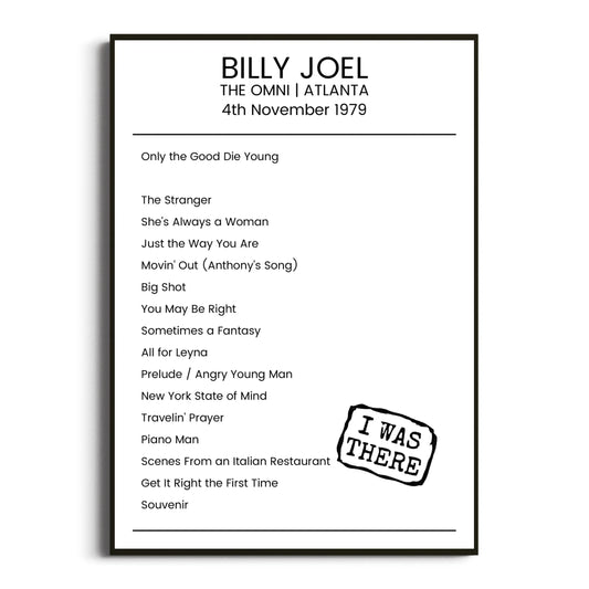 Billy Joel Atlanta 04 November 1979 Setlist Poster