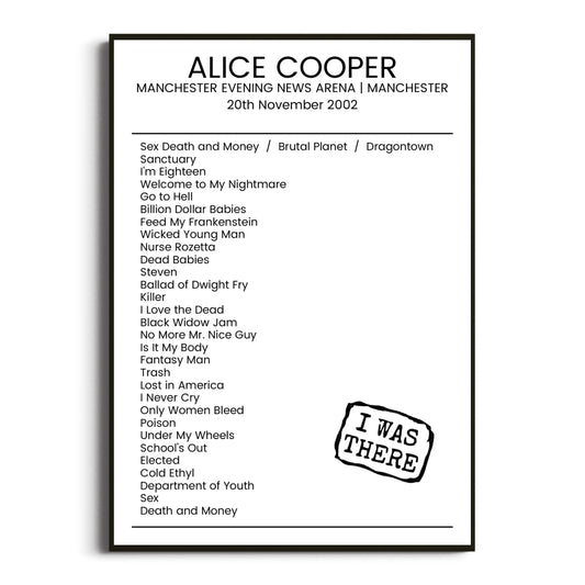 Alice Cooper Manchester 20 November 2002 Setlist Poster