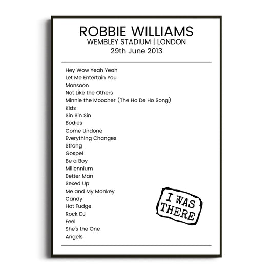 Robbie Williams London 29 June 2013 Setlist Poster