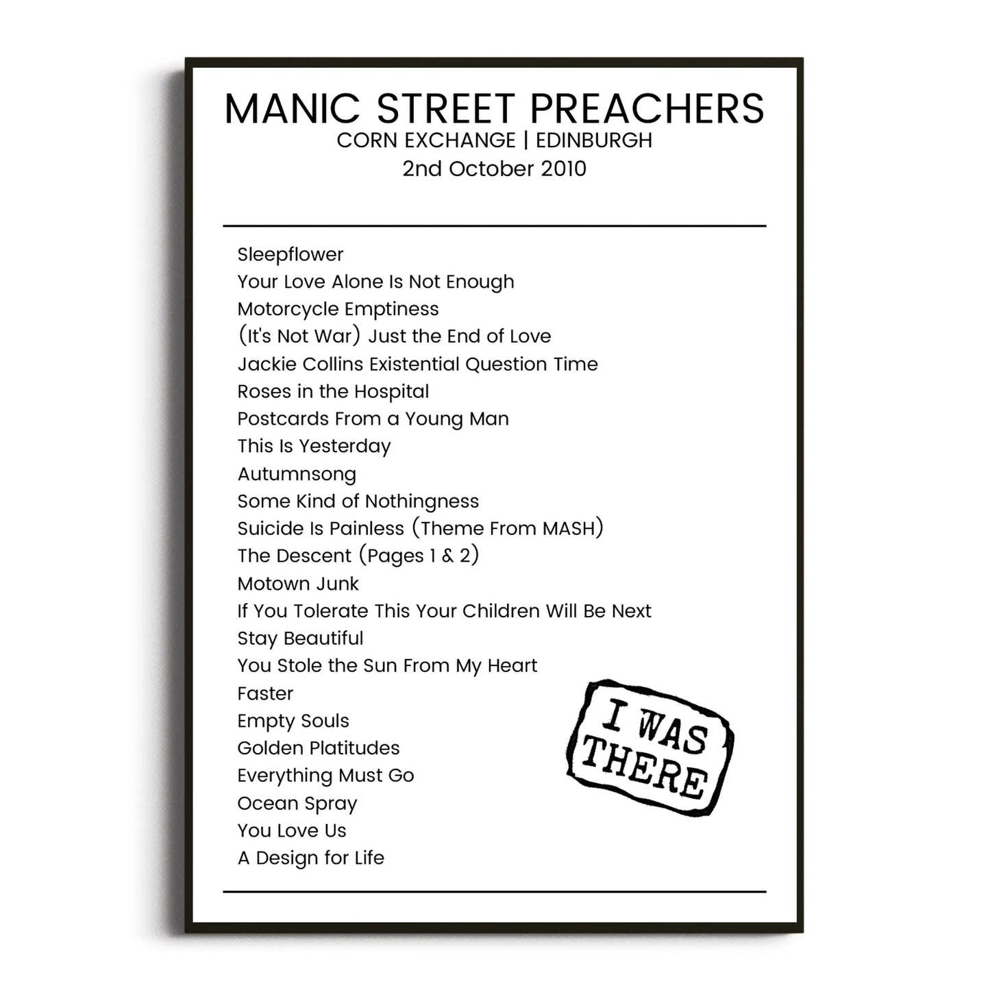 Manic Street Preachers Edinburgh 02 October 2010 Setlist Poster