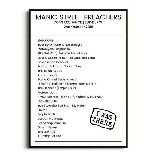 Manic Street Preachers Edinburgh 02 October 2010 Setlist Poster