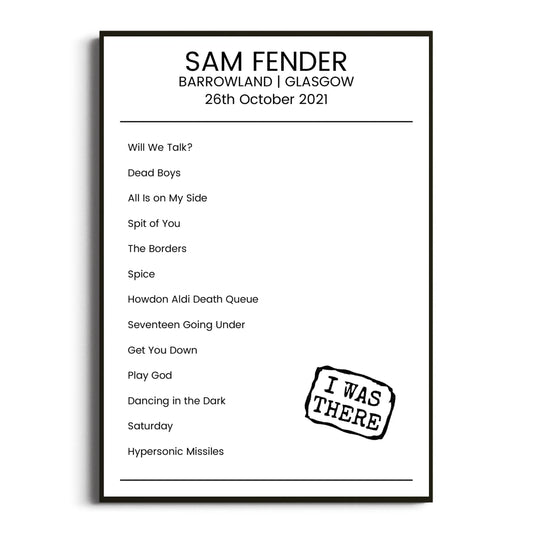 Sam Fender Glasgow 26 October 2021 Setlist Poster