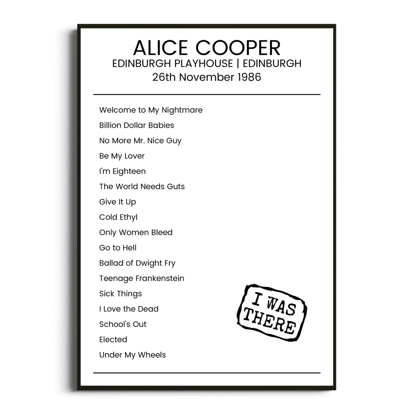 Alice Cooper Edinburgh 26 November 1986 Setlist Poster