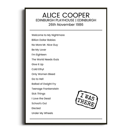 Alice Cooper Edinburgh 26 November 1986 Setlist Poster