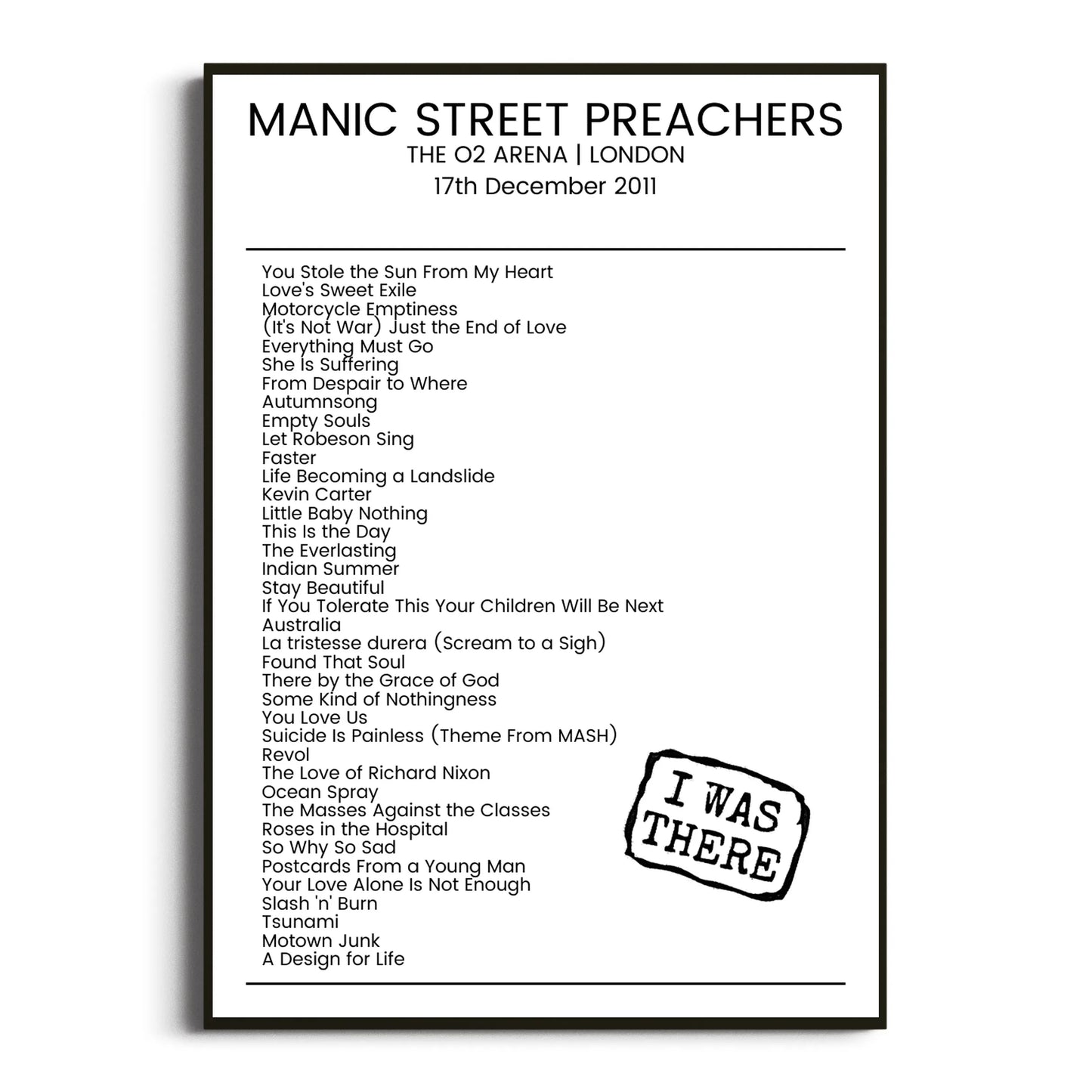 Manic Street Preachers London 17 December 2011 Setlist Poster