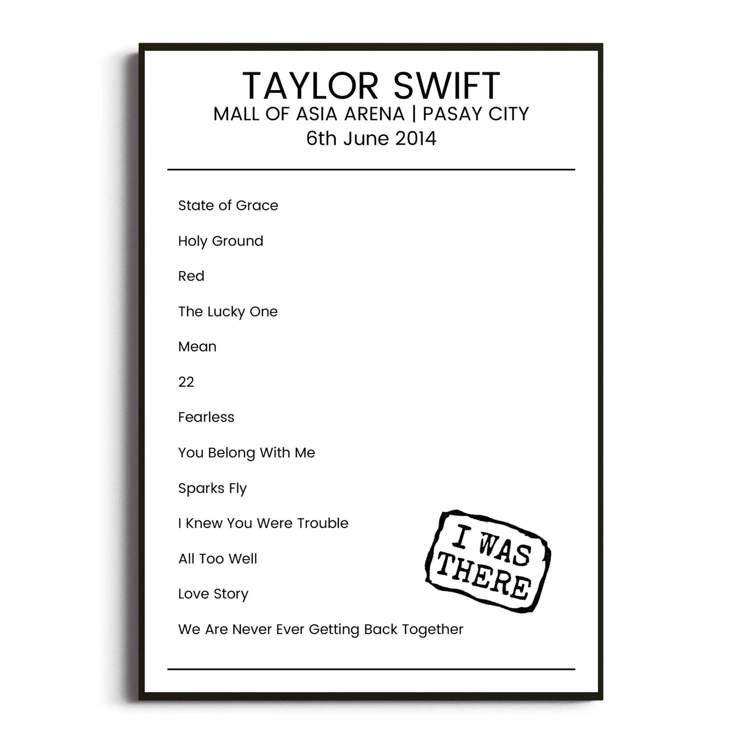 Taylor Swift Pasay City 06 June 2014 Setlist Poster