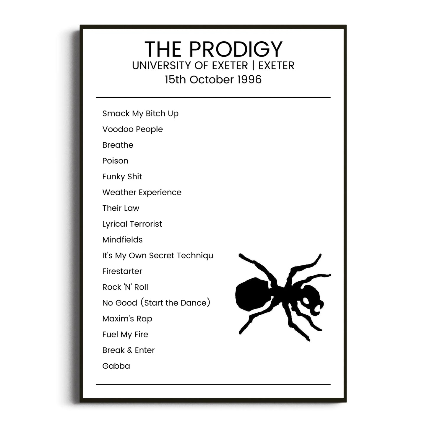 The Prodigy Exeter 15 October 1996 Setlist Poster