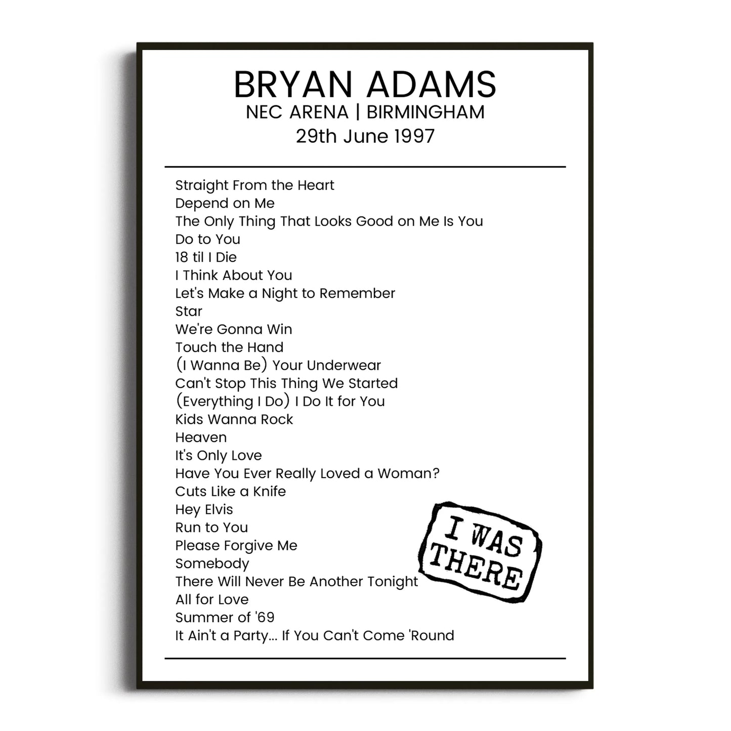 Bryan Adams Birmingham 29 June 1997 Setlist Poster