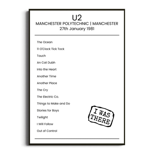 U2 Manchester 27 January 1981 Setlist Poster