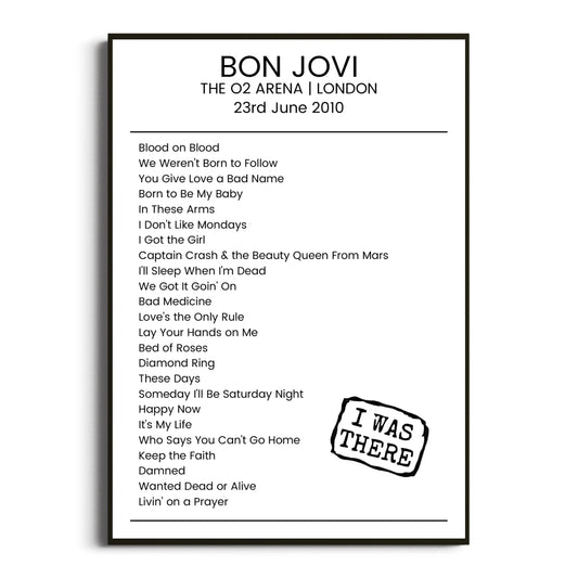 Bon Jovi London 23 June 2010 Setlist Poster