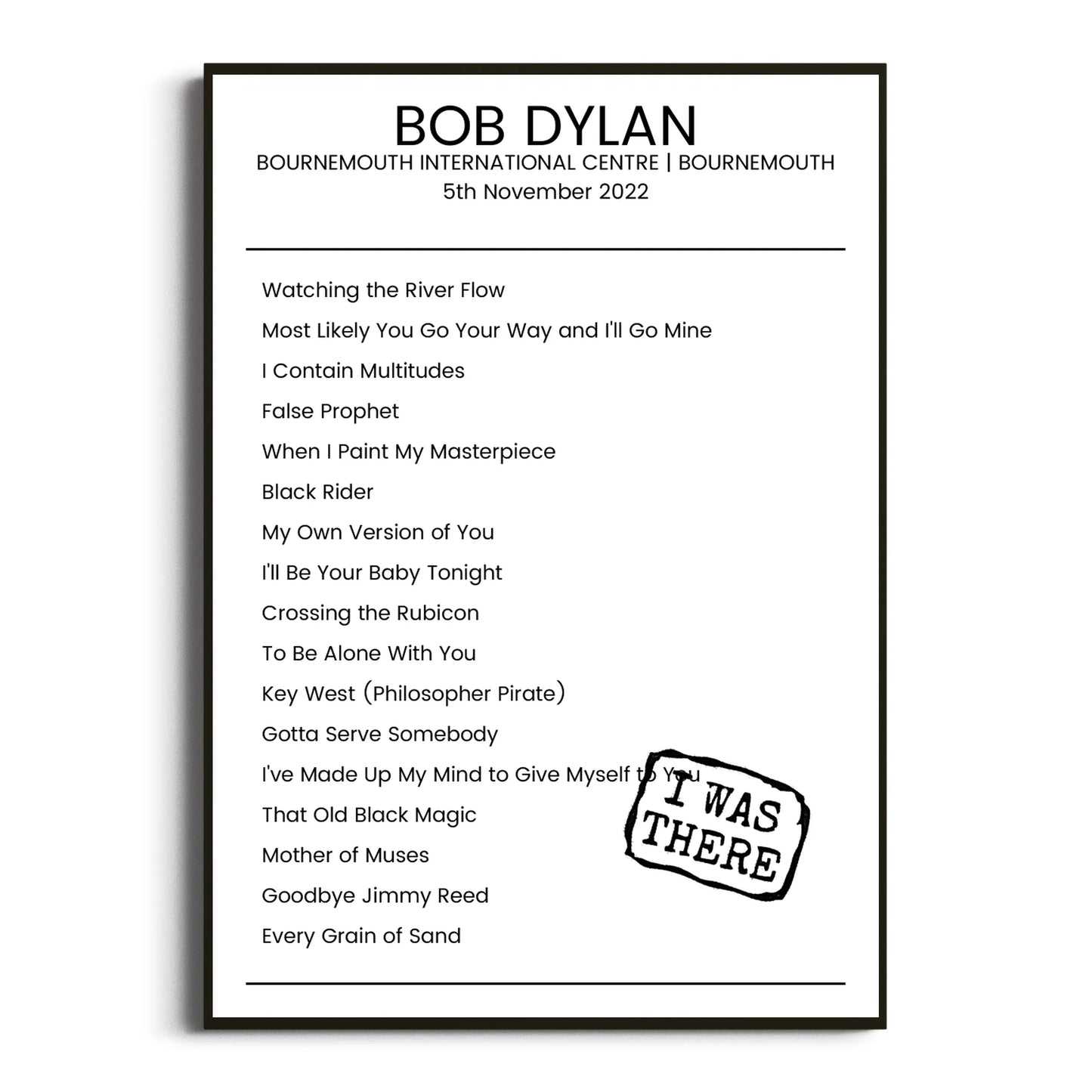 Bob Dylan Bournemouth 05 November 2022 Setlist Poster