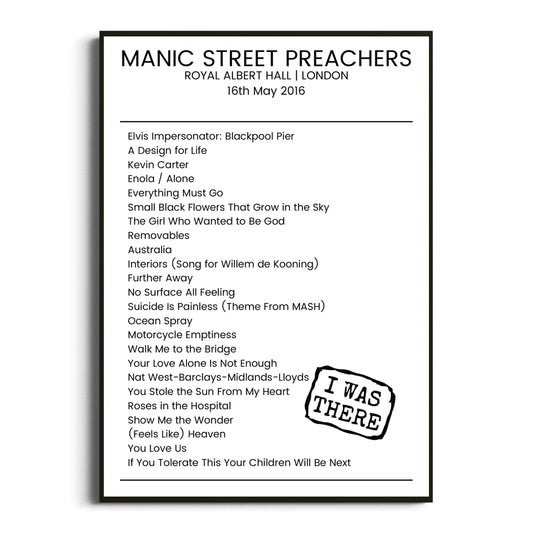 Manic Street Preachers London 16 May 2016 Setlist Poster