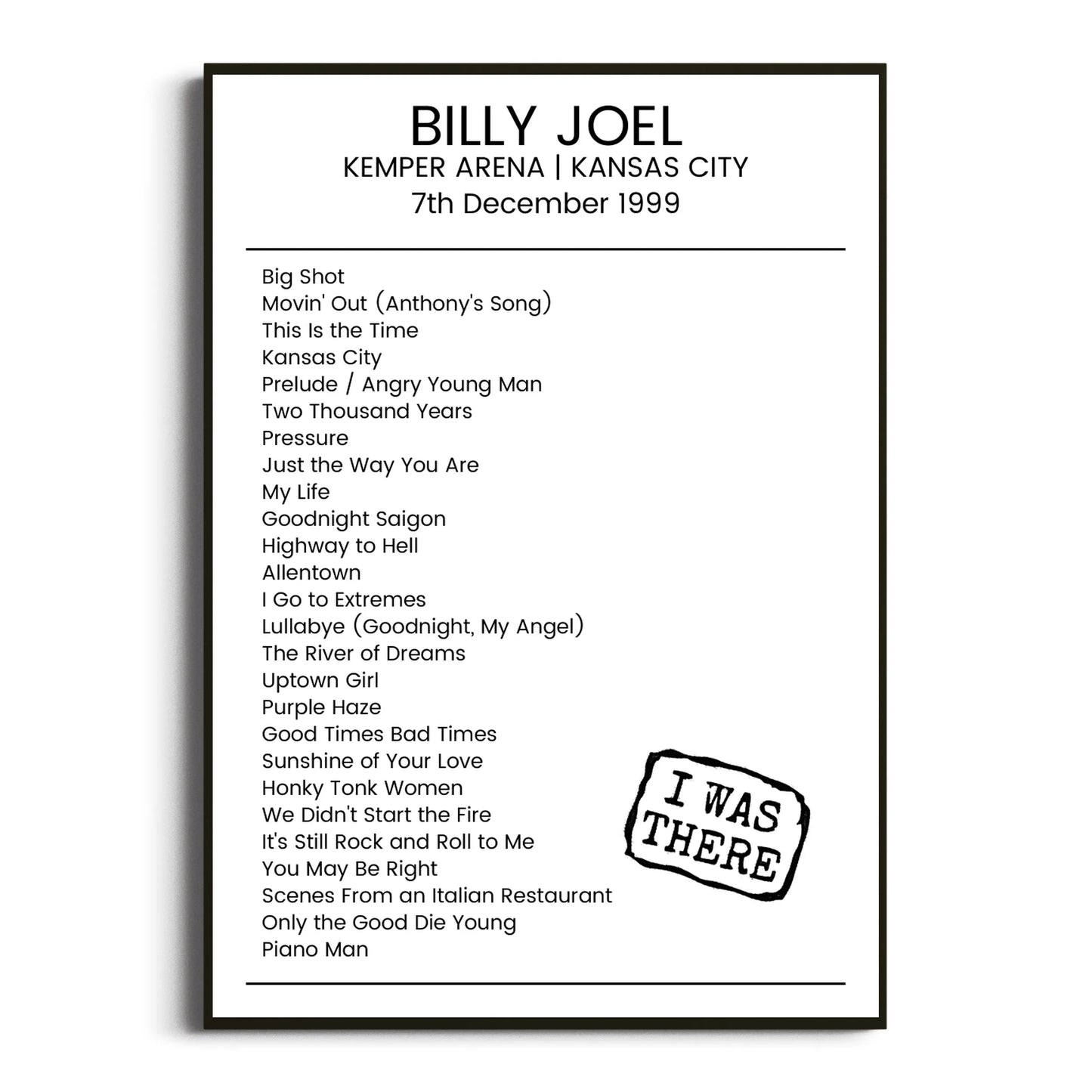 Billy Joel Kansas City 07 December 1999 Setlist Poster