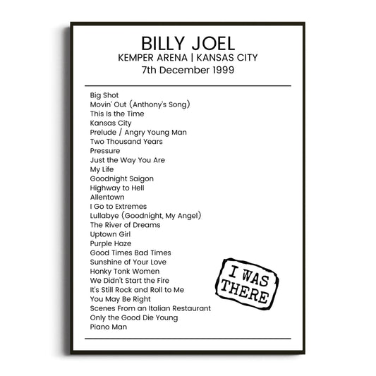 Billy Joel Kansas City 07 December 1999 Setlist Poster