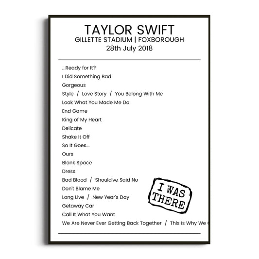 Taylor Swift Foxborough 28 July 2018 Setlist Poster