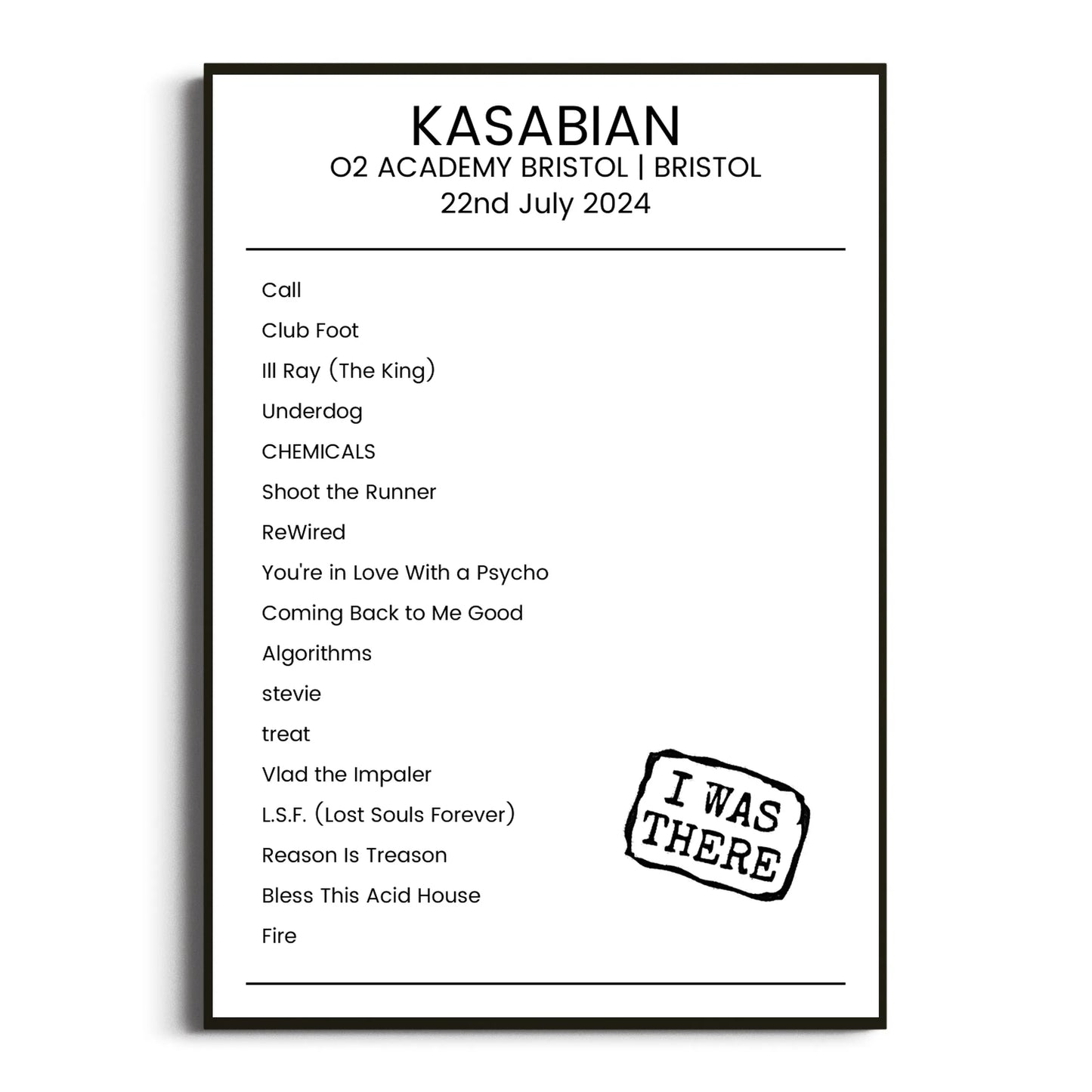 Kasabian Bristol 22 July 2024 Setlist Poster