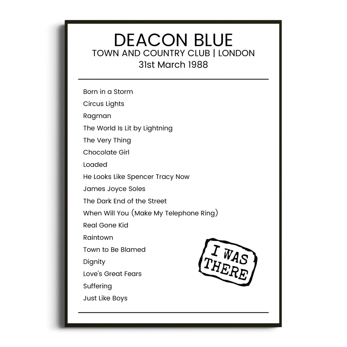 Deacon Blue London 31 March 1988 Setlist Poster