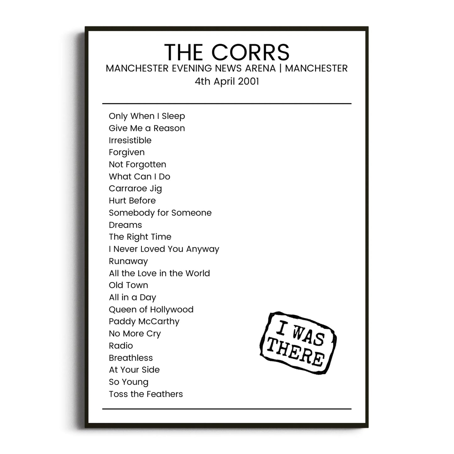 The Corrs Manchester 04 April 2001 Setlist Poster