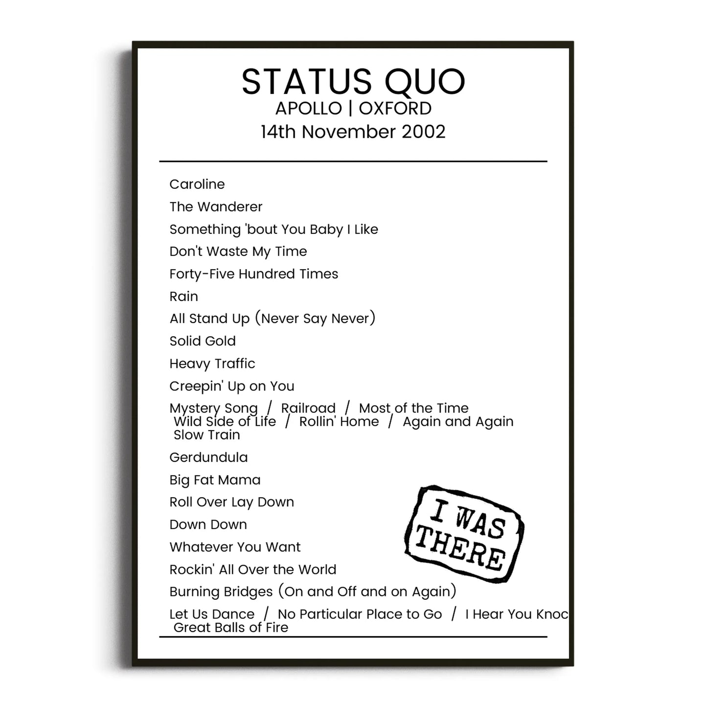 Status Quo Oxford 14 November 2002 Setlist Poster