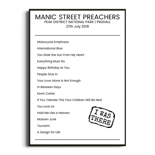 Manic Street Preachers Pikehall 27 July 2018 Setlist Poster