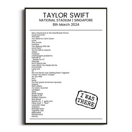 Taylor Swift Singapore 08 March 2024 Setlist Poster