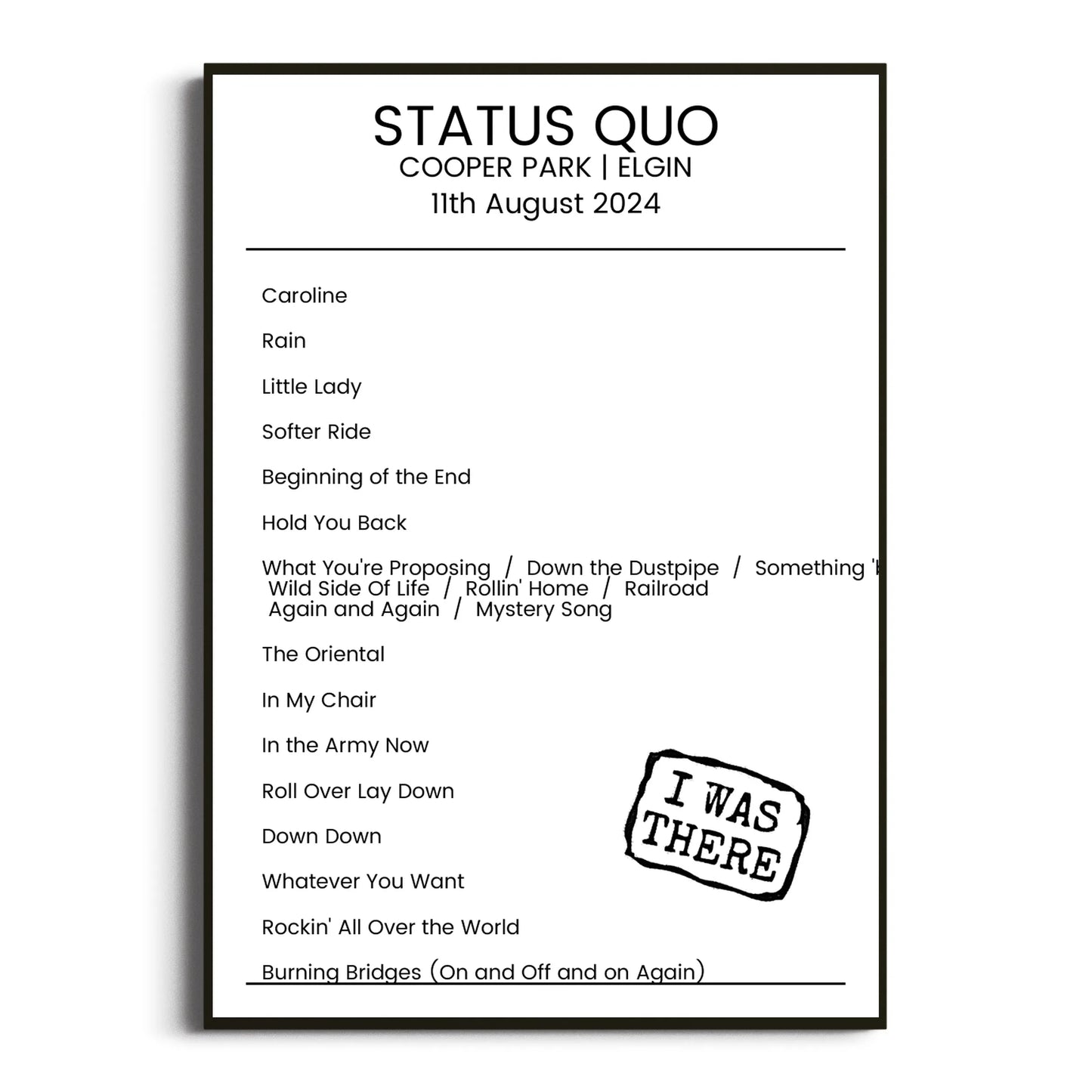 Status Quo Elgin 11 August 2024 Setlist Poster