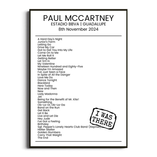 Paul McCartney Guadalupe 08 November 2024 Setlist Poster