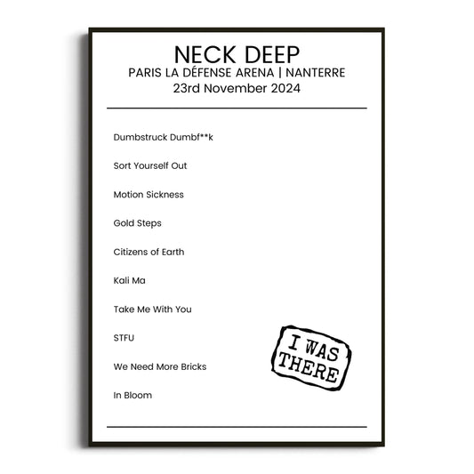 Neck Deep Nanterre 23 November 2024 Setlist Poster