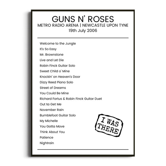 Guns N’ Roses Newcastle upon Tyne 19 July 2006 Setlist Poster