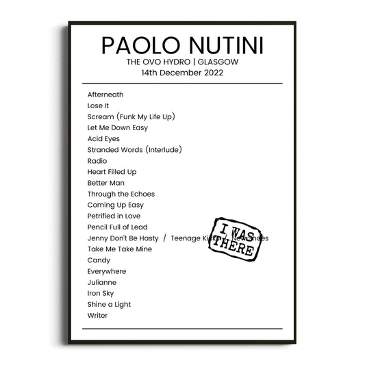 Paolo Nutini Glasgow 14 December 2022 Setlist Poster