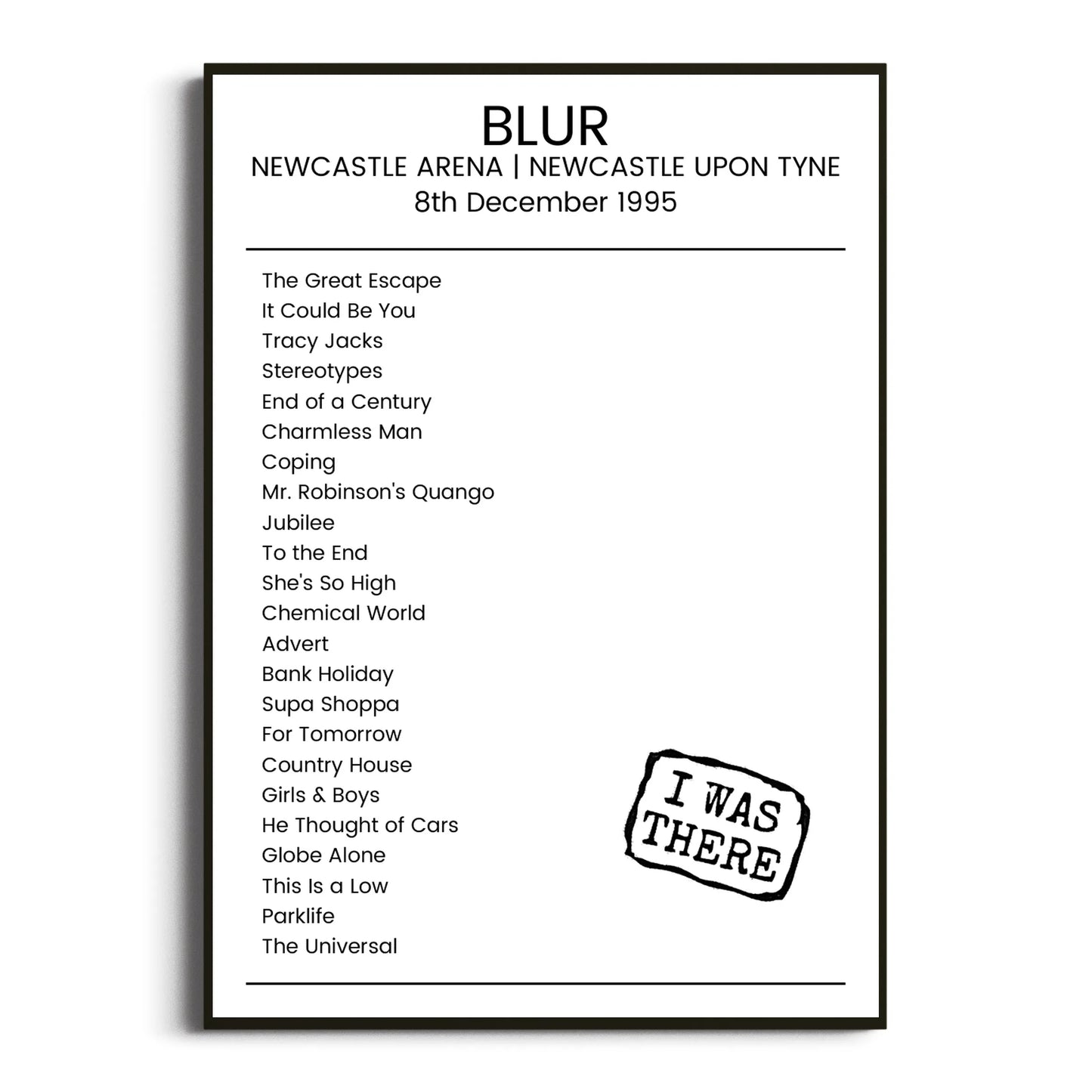 Blur Newcastle upon Tyne 08 December 1995 Setlist Poster