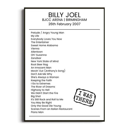 Billy Joel Birmingham 26 February 2007 Setlist Poster