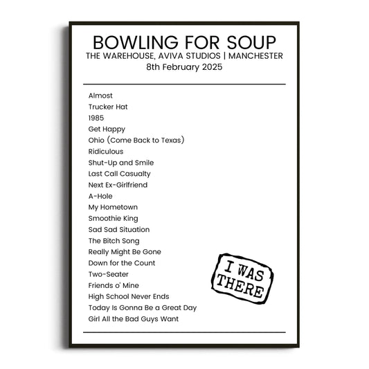 Bowling for Soup Manchester 08 February 2025 Setlist Poster