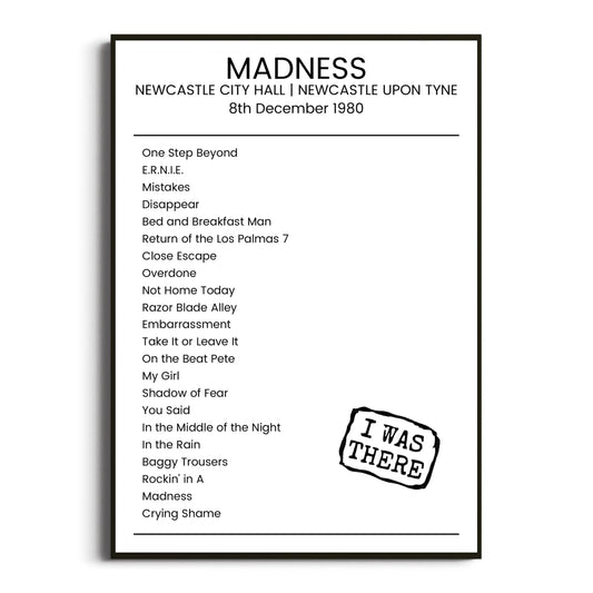 Madness Newcastle upon Tyne 08 December 1980 Setlist Poster