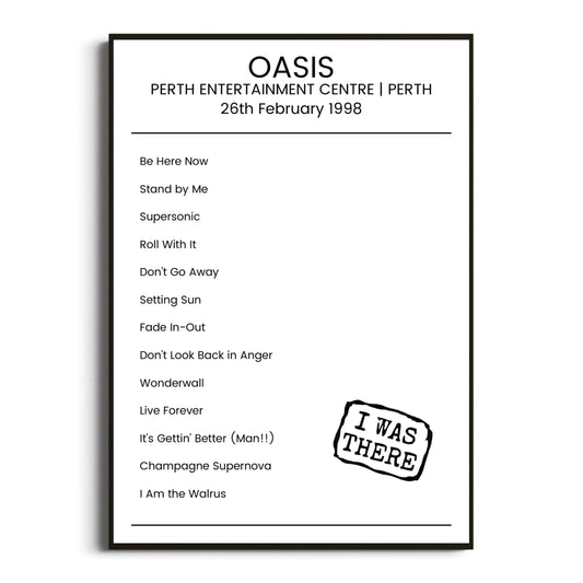 Oasis Perth 26 February 1998 Setlist Poster