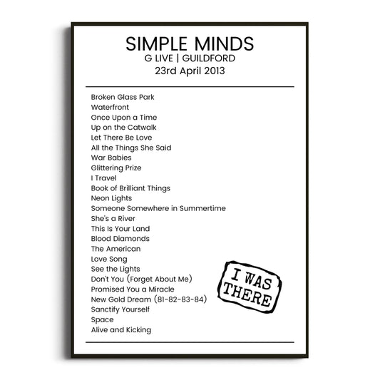 Simple Minds Guildford 23 April 2013 Setlist Poster