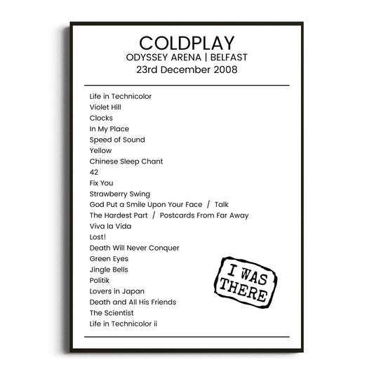 Coldplay Belfast 23 December 2008 Setlist Poster